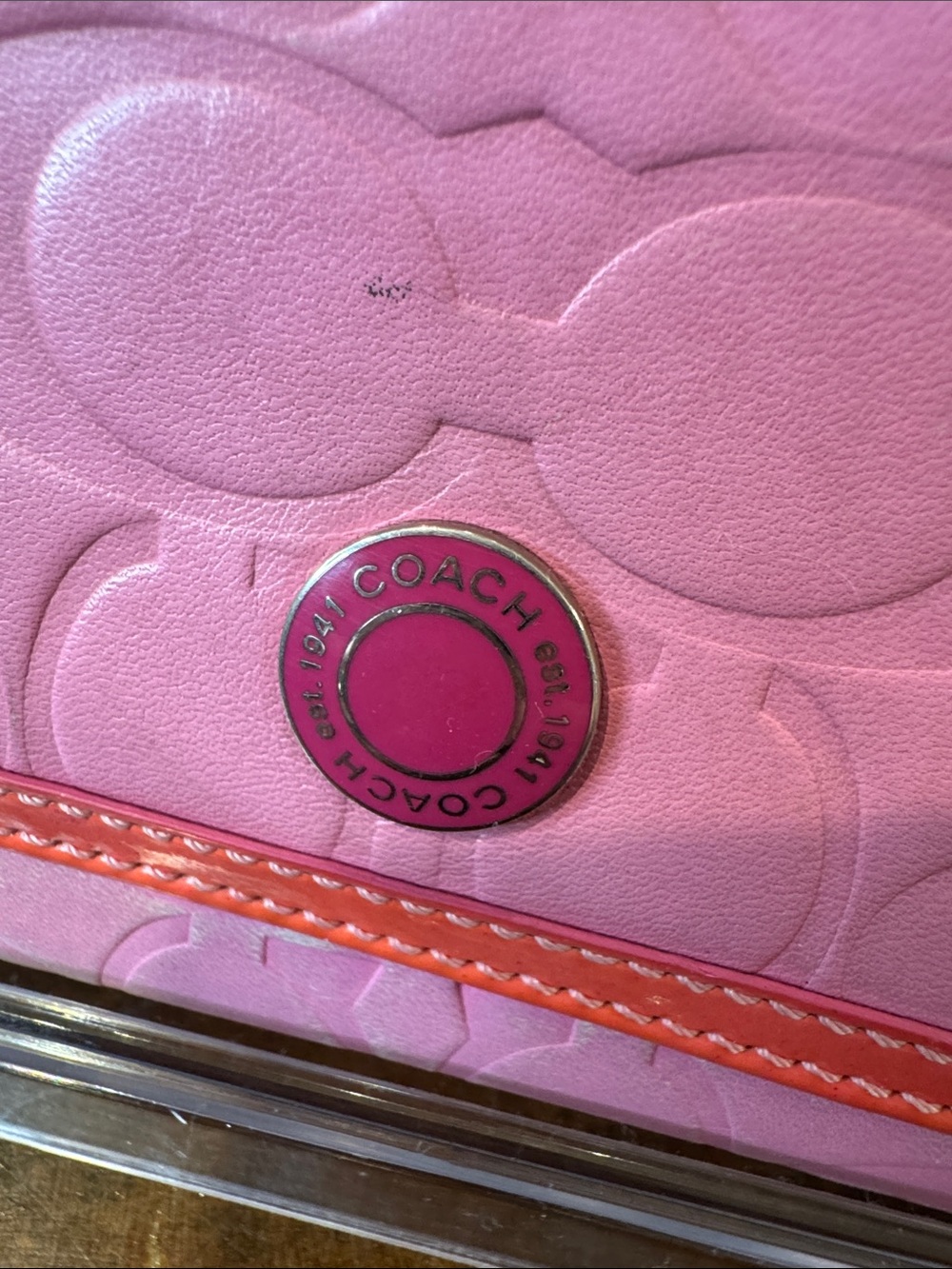 Coach Pink Signature Leather Continental Wallet with Orange Trim - Picture 4 of 14